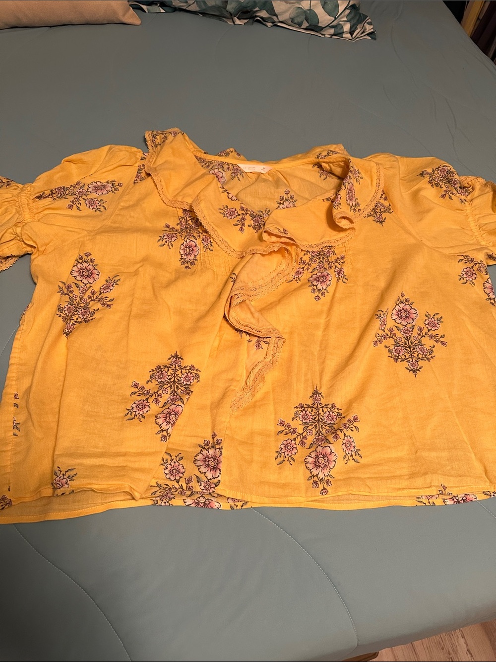 LC Lauren Conrad Yellow Floral Ruffle Tie-Neck Blouse